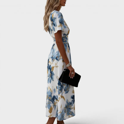 Women's Watercolor Floral Wrap Midi Dress in Multicolor – product view | Hensley London
