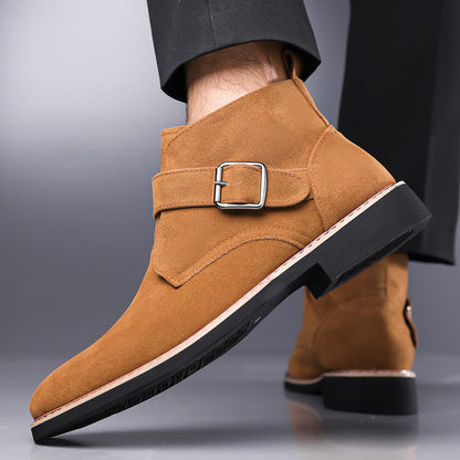 Men's Buckle-Strap Ankle Boots with Tapered Toe in Brown – worn angled side view | Hensley London