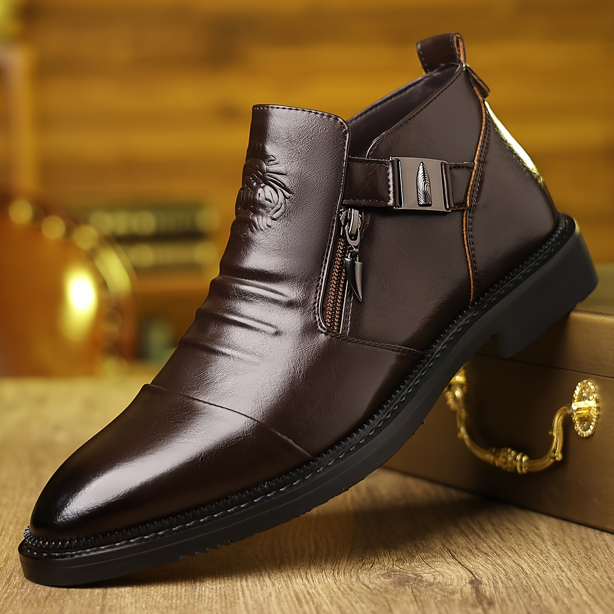 Men's Buckle Ankle Boots in Brown – side buckle and zip detail | Hensley London