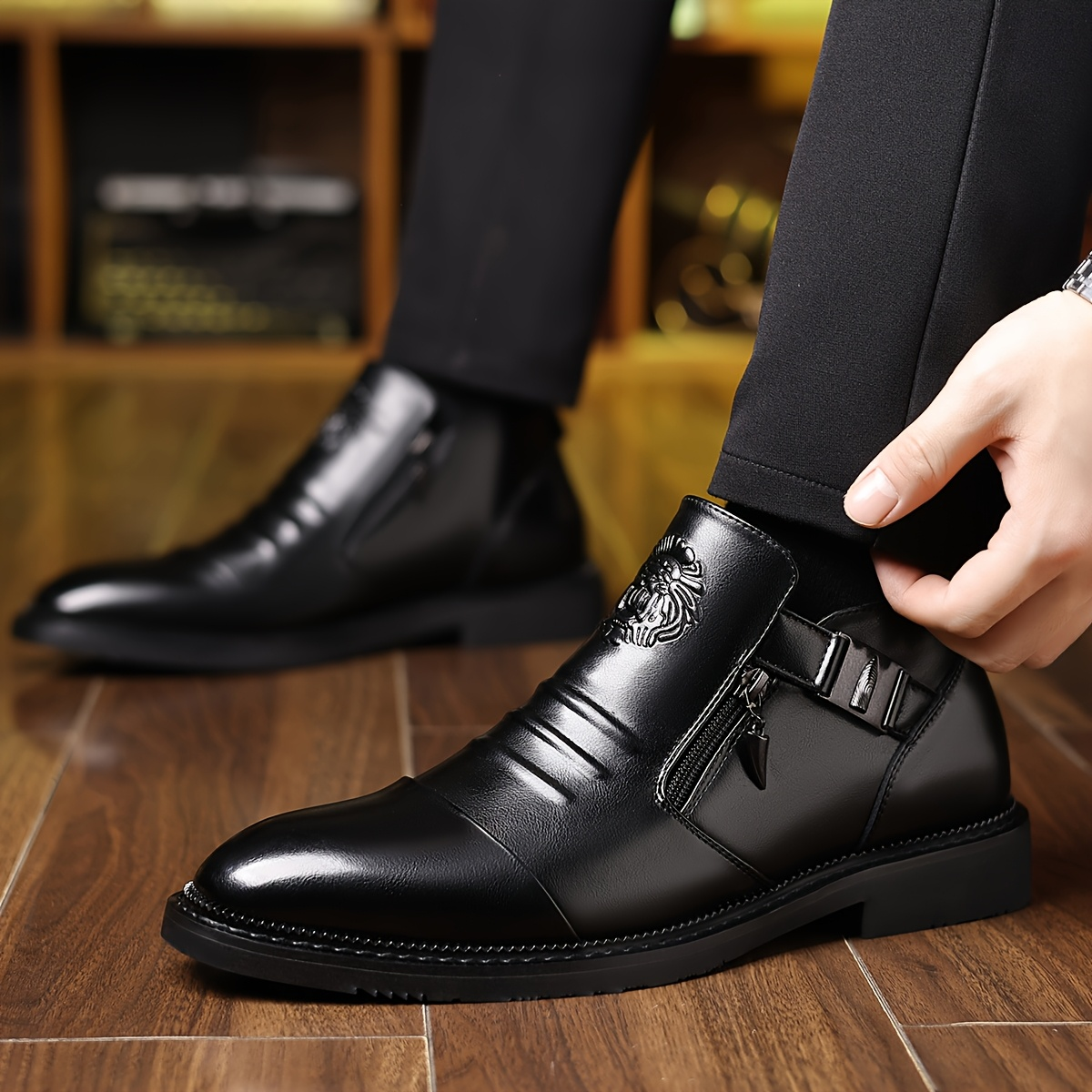 Men's Buckle Ankle Boots in Black – zip detail on foot | Hensley London
