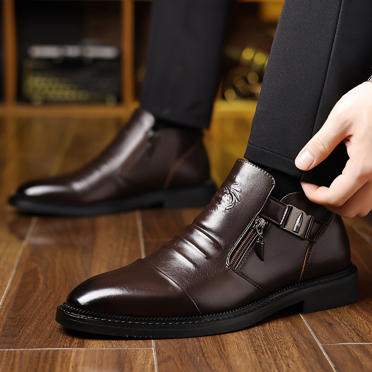 Men's Buckle Ankle Boots in Brown – zip detail on foot | Hensley London
