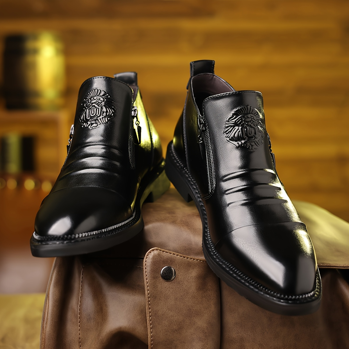 Men's Buckle Ankle Boots in Black – front view of pair | Hensley London