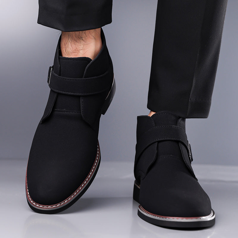 Men's Buckle-Strap Ankle Boots with Tapered Toe in Black – worn front view | Hensley London