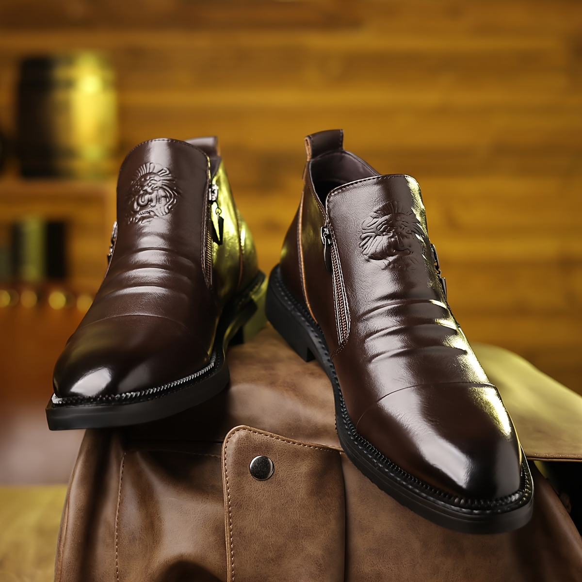 Men's Buckle Ankle Boots in Brown – front view of pair | Hensley London