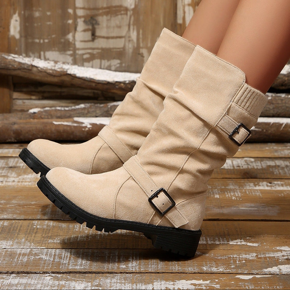 Women's Knit-Panel Mid-Calf Boots in Beige – side detail on feet | Hensley London
