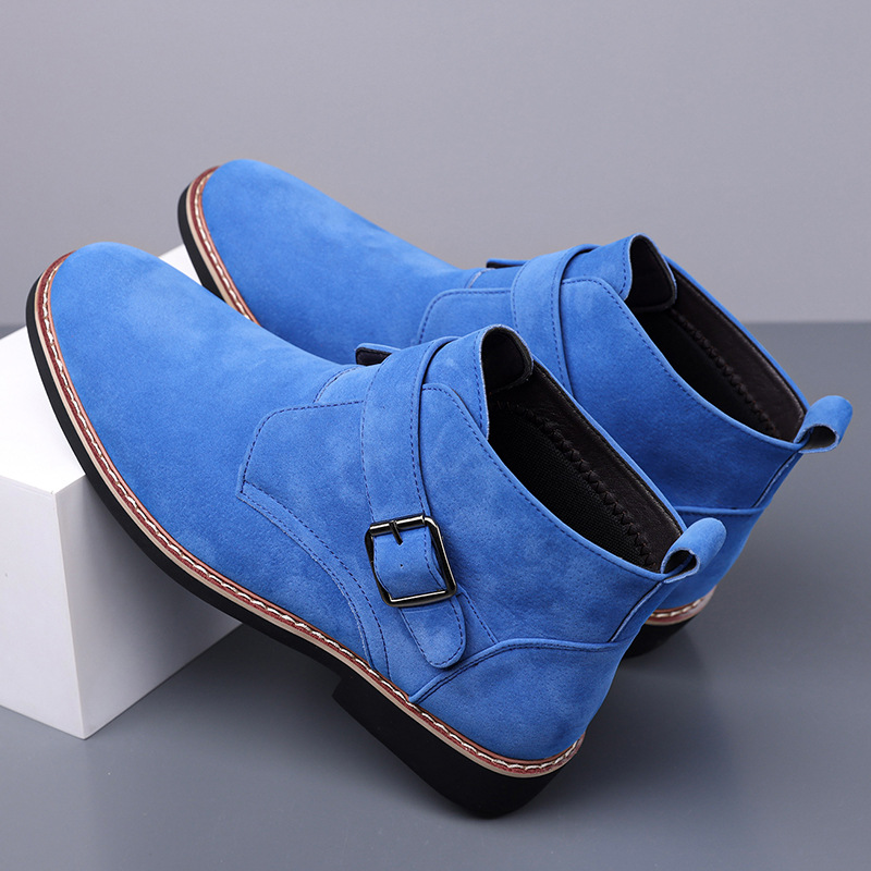 Men's Buckle-Strap Ankle Boots with Tapered Toe in Blue – rear and angled pair view | Hensley London
