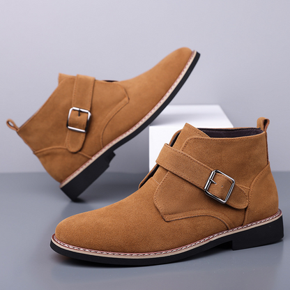 Men's Buckle-Strap Ankle Boots with Tapered Toe in Brown – angled pair view | Hensley London