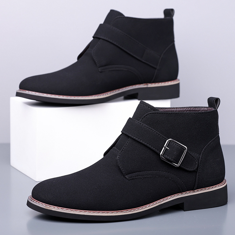 Men's Buckle-Strap Ankle Boots with Tapered Toe in Black – paired side view | Hensley London
