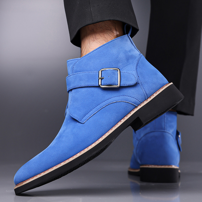 Men's Buckle-Strap Ankle Boots with Tapered Toe in Blue – worn angled side view | Hensley London