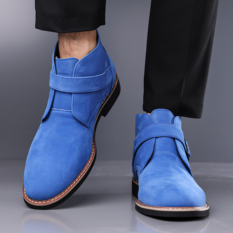 Men's Buckle-Strap Ankle Boots with Tapered Toe in Blue – worn front view | Hensley London