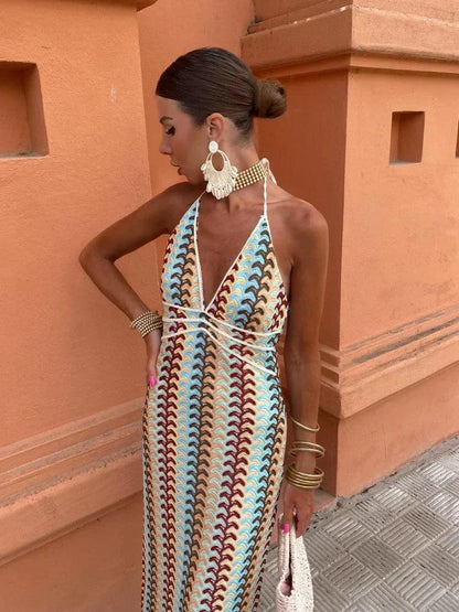 Women's Summer Dress White Lightweight Deep V-Neck Halter-4