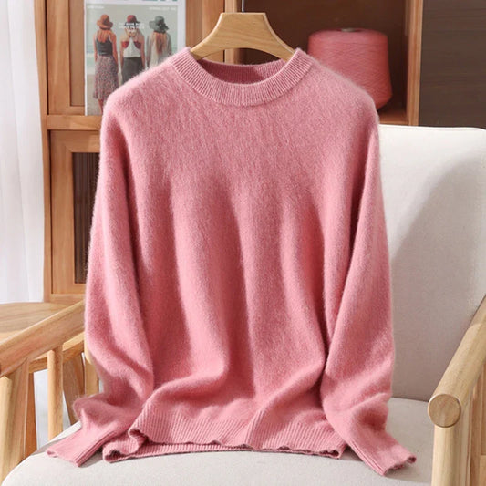Women's Crew-Neck Knit Pullover Sweater in Pink – product view 1 | Hensley London
