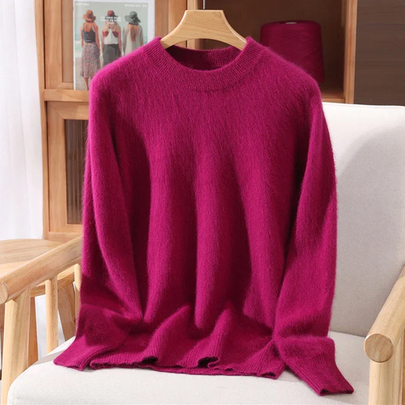 Women's Crew-Neck Knit Pullover Sweater in Burgundy – product view 2 | Hensley London