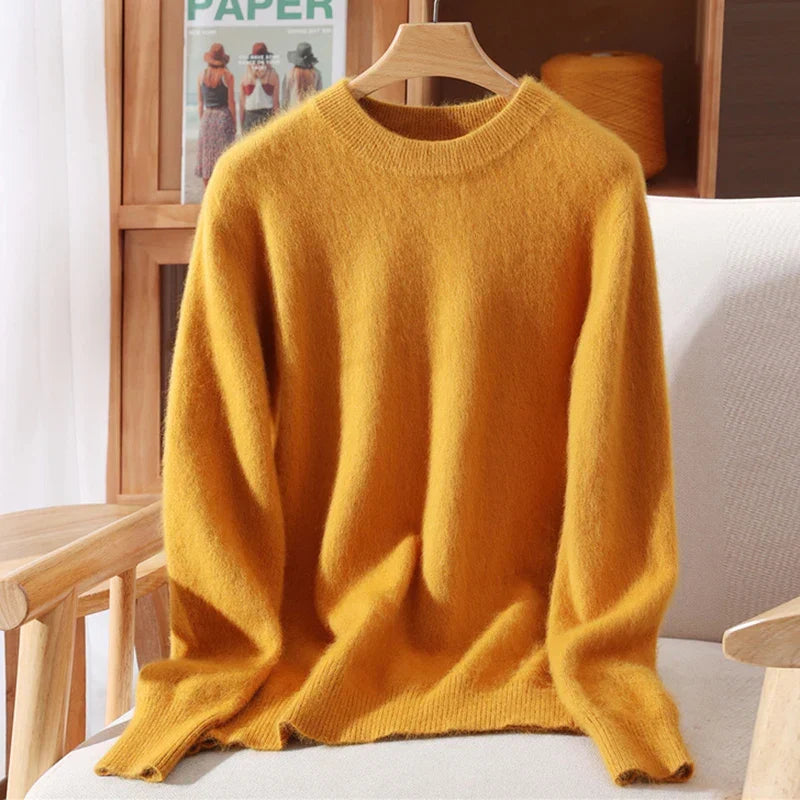 Women's Crew-Neck Knit Pullover Sweater in Turmeric – product view 3 | Hensley London