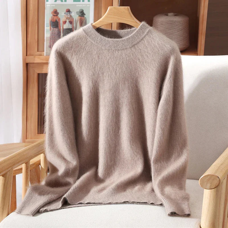 Women's Crew-Neck Knit Pullover Sweater in Natural Tan – product view 4 | Hensley London