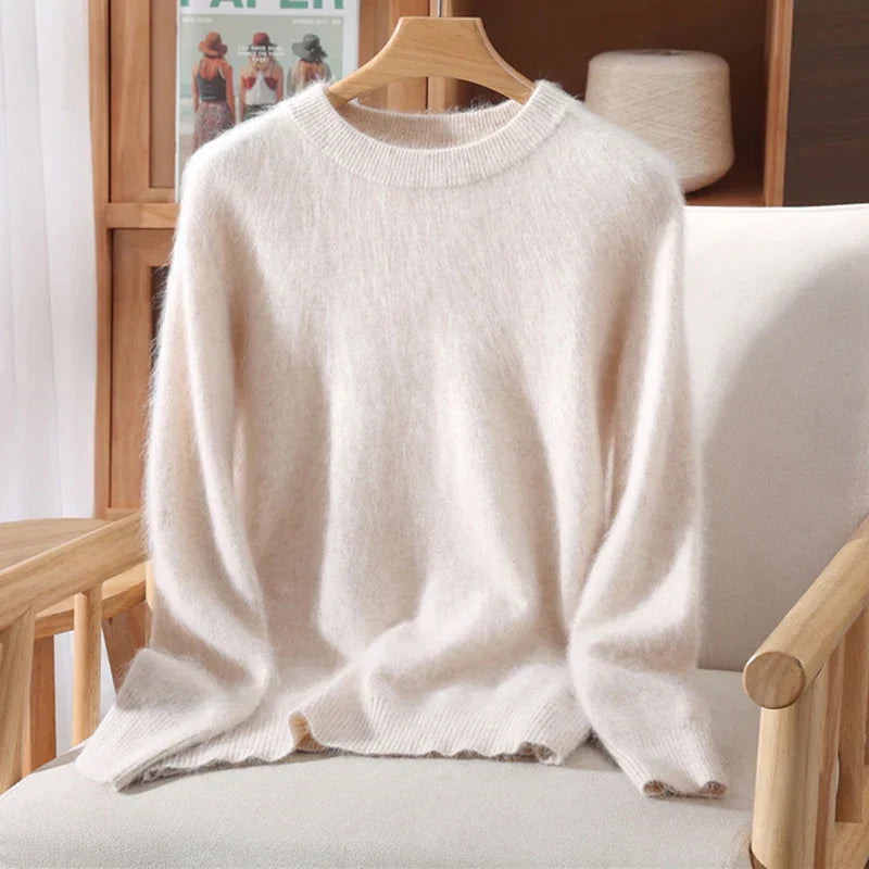Women's Crew-Neck Knit Pullover Sweater in Beige – product view 5 | Hensley London