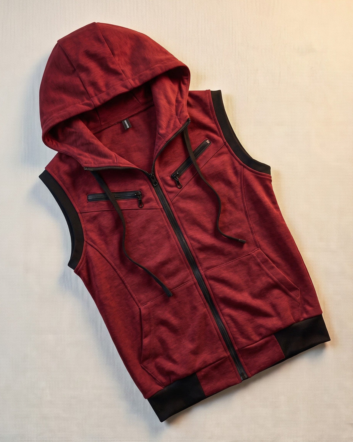 Men's Cotton Blend Zip-Up Hooded Vest in Wine Red – additional product view | Hensley London