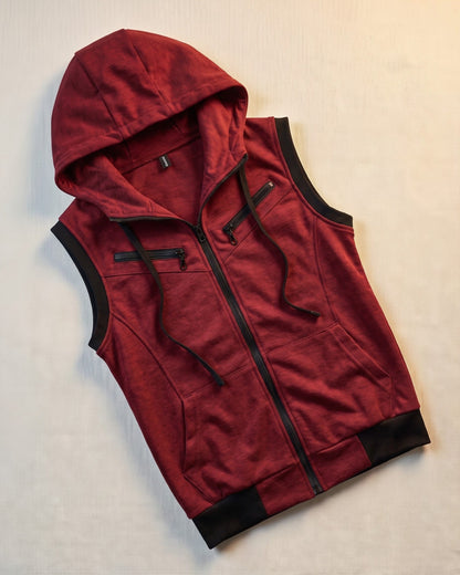 Men's Cotton Blend Zip-Up Hooded Vest in Wine Red – additional product view | Hensley London