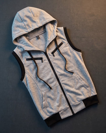 Men's Cotton Blend Zip-Up Hooded Vest in Light Gray – additional product view | Hensley London