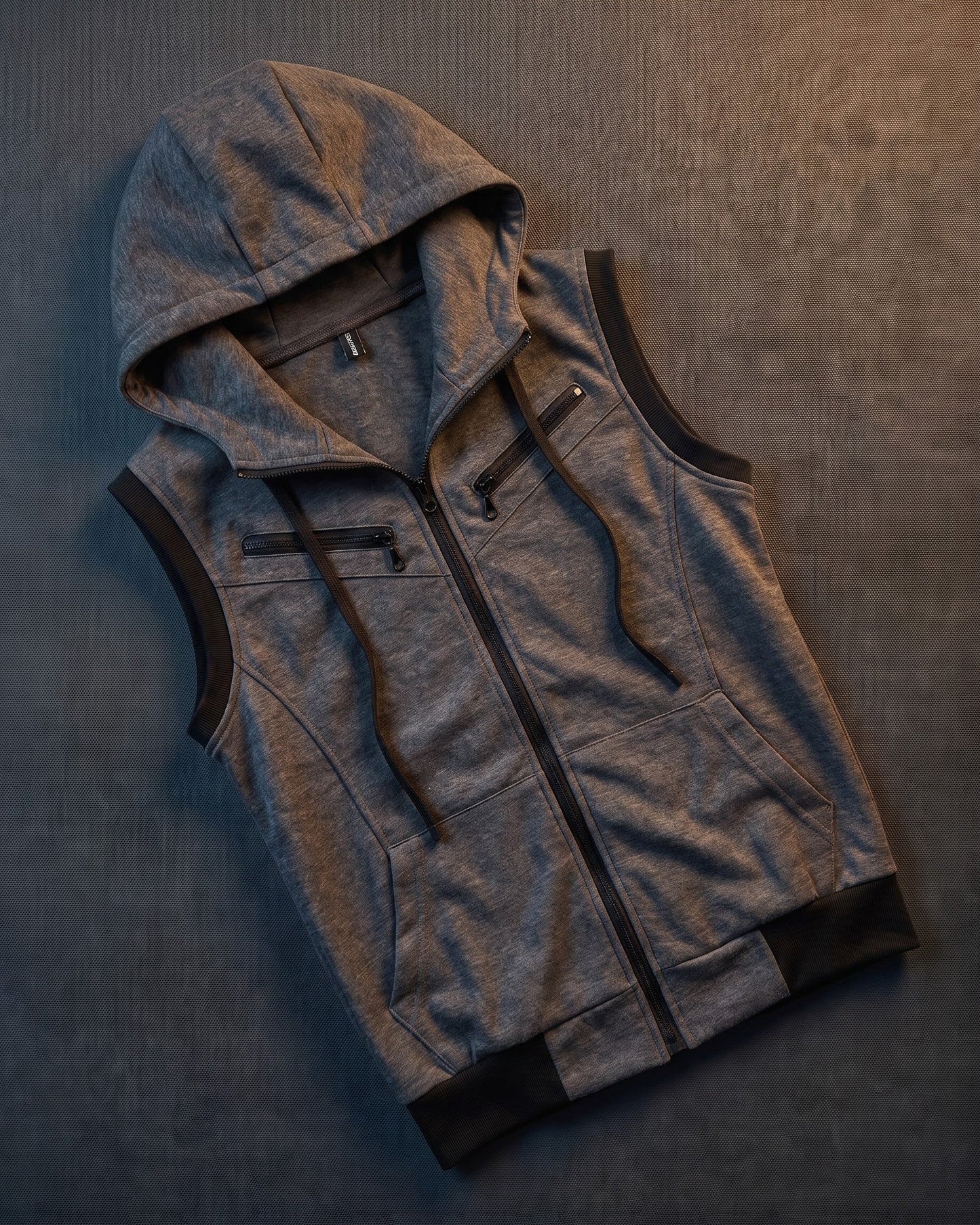 Men's Cotton Blend Zip-Up Hooded Vest in Dark Gray – additional product view | Hensley London