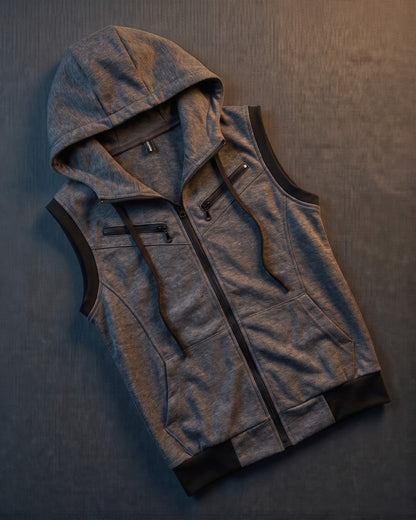 Men's Cotton Blend Zip-Up Hooded Vest in Dark Gray – additional product view | Hensley London