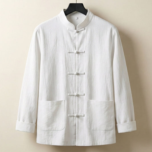 Men's Linen-Blend Mandarin Jacket - front view | Hensley London