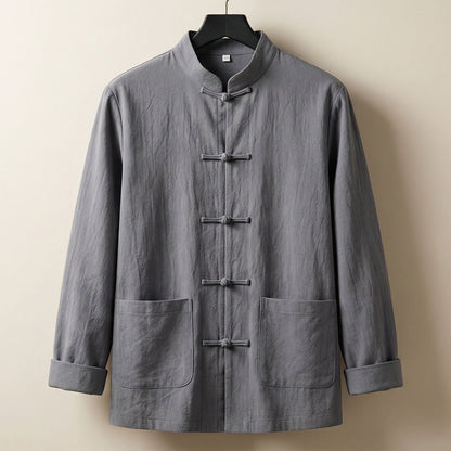 Men's Linen-Blend Mandarin Jacket - detail view | Hensley London