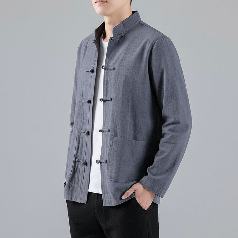 Men's Linen-Blend Mandarin Jacket - detail view | Hensley London