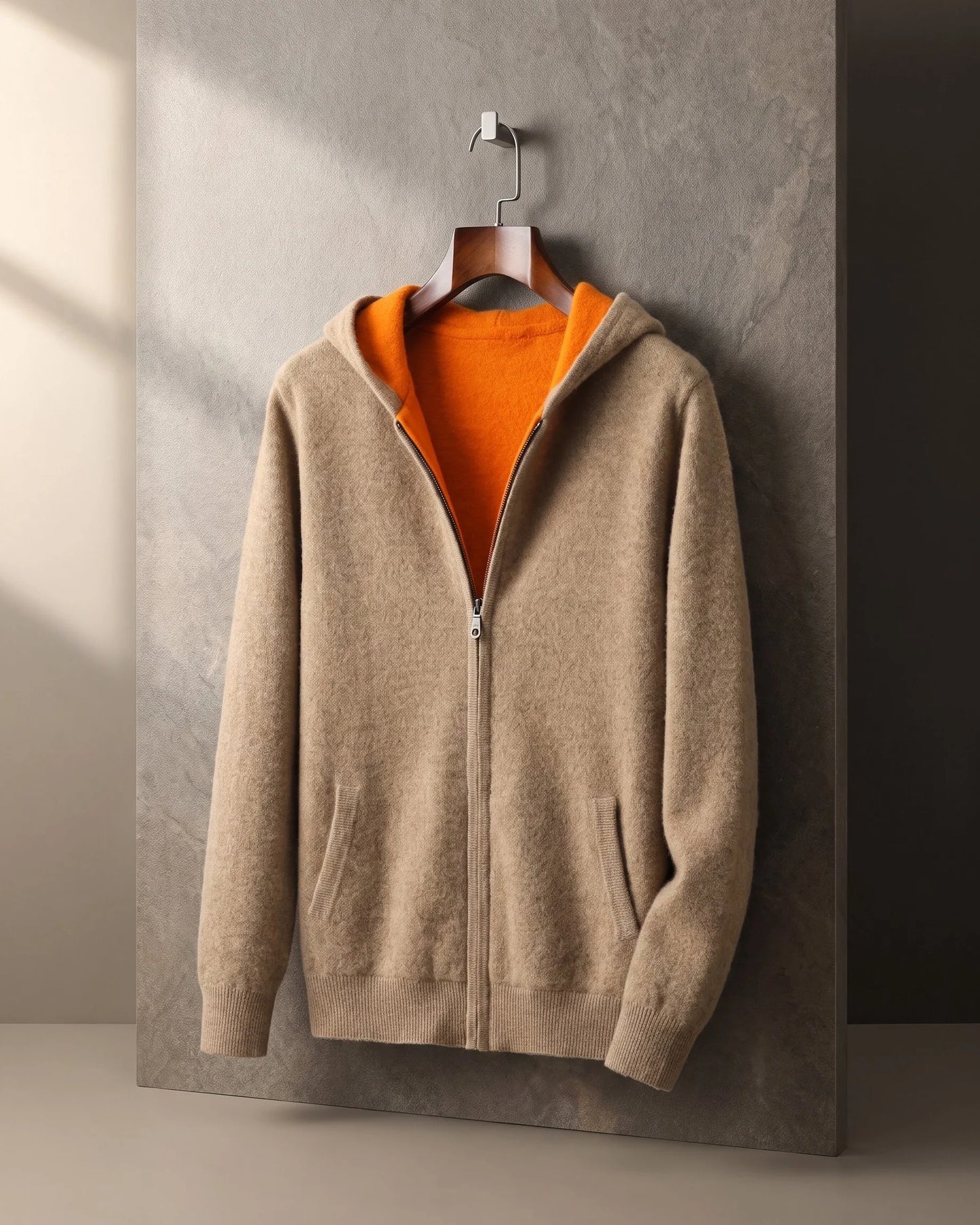 Men's Zip-Front Knit Hoodie with Ribbed Trim in Camel – product view | Hensley London