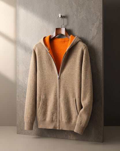 Men's Zip-Front Knit Hoodie with Ribbed Trim in Camel – product view | Hensley London