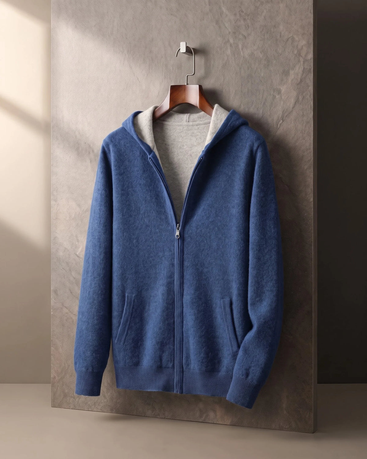 Men's Zip-Front Knit Hoodie with Ribbed Trim in Blue – product view | Hensley London