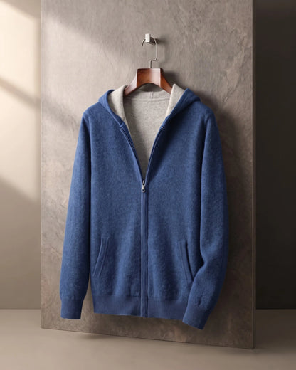 Men's Zip-Front Knit Hoodie with Ribbed Trim in Blue – product view | Hensley London