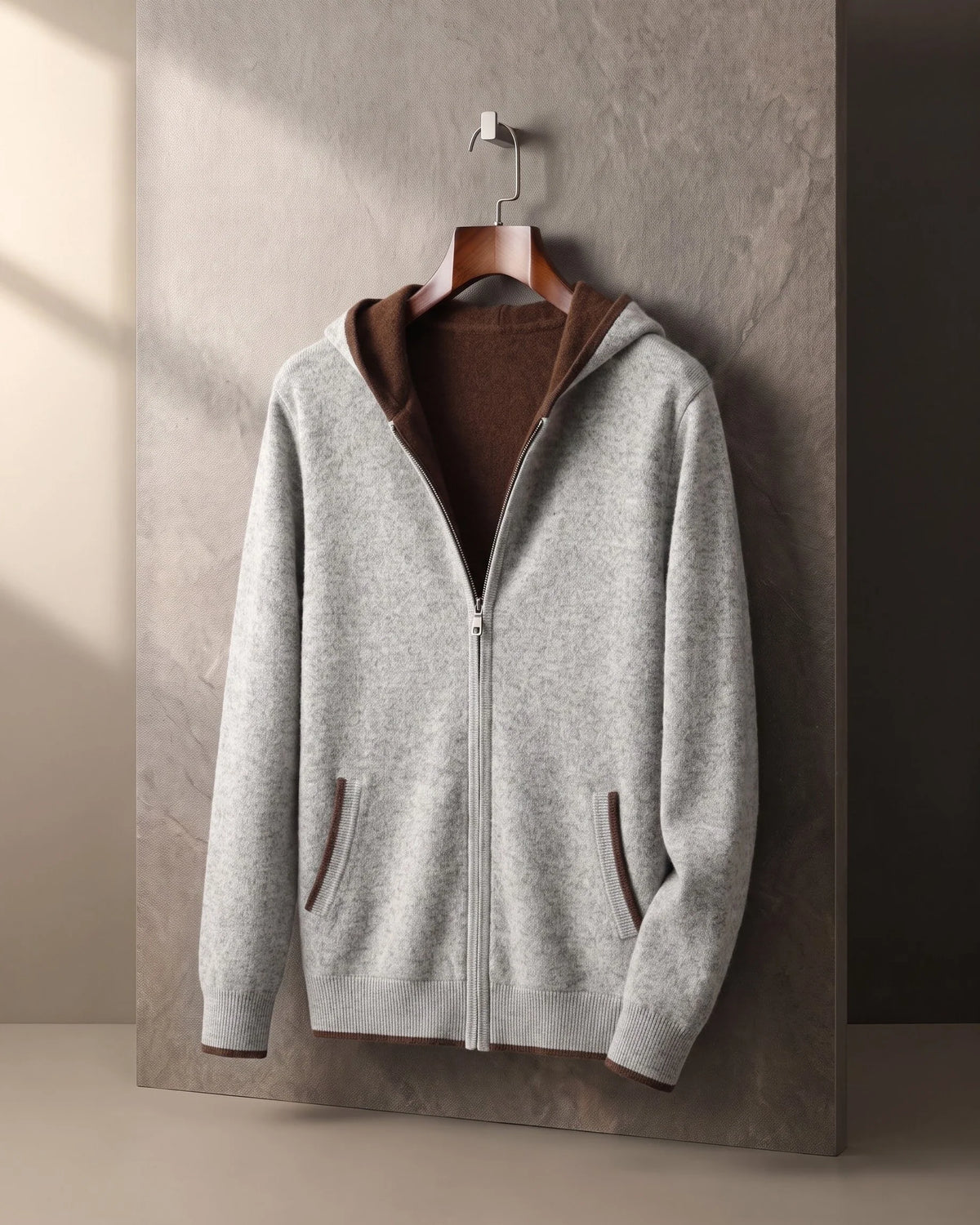 Men's Zip-Front Knit Hoodie with Ribbed Trim in Light Gray – product view | Hensley London