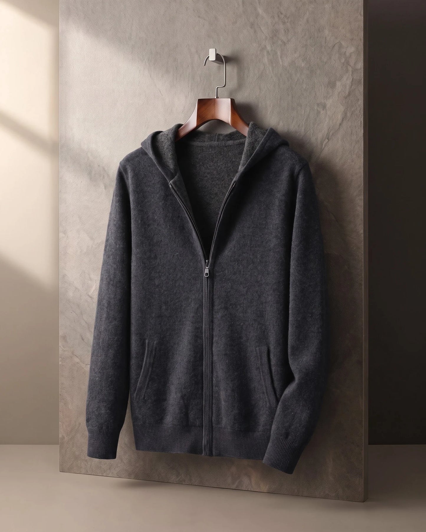 Men's Zip-Front Knit Hoodie with Ribbed Trim in Dark Gray – product view | Hensley London