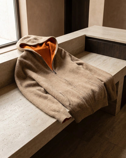 Men's Zip-Front Knit Hoodie with Ribbed Trim in Camel – additional view | Hensley London