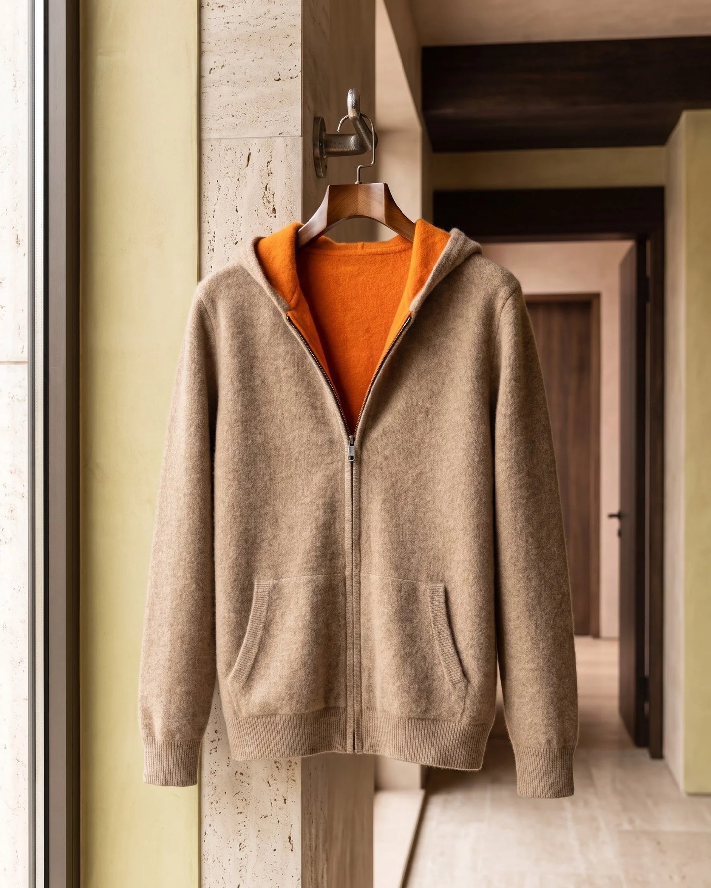 Men's Zip-Front Knit Hoodie with Ribbed Trim in Camel – additional view | Hensley London