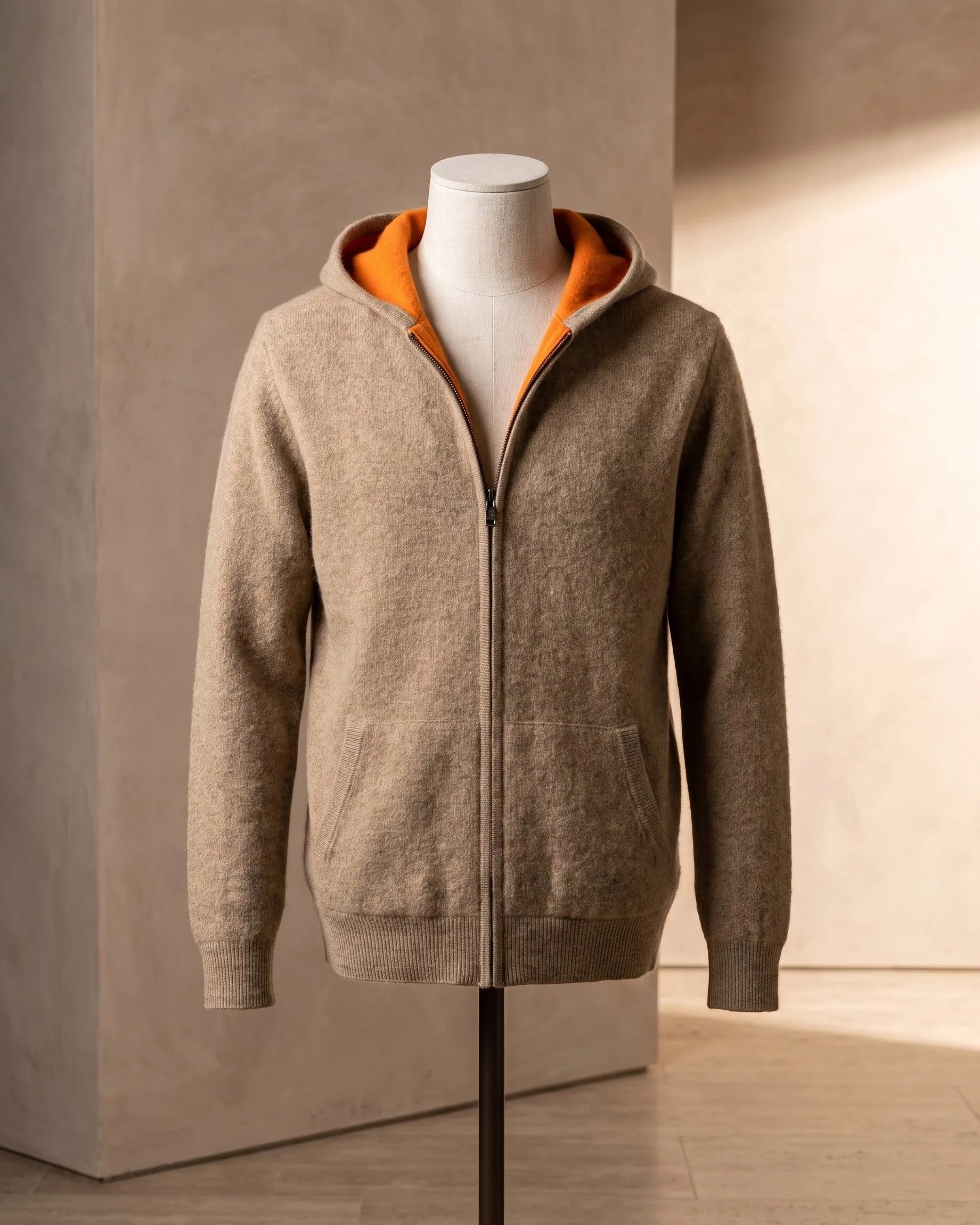 Men's Zip-Front Knit Hoodie with Ribbed Trim in Camel – additional view | Hensley London