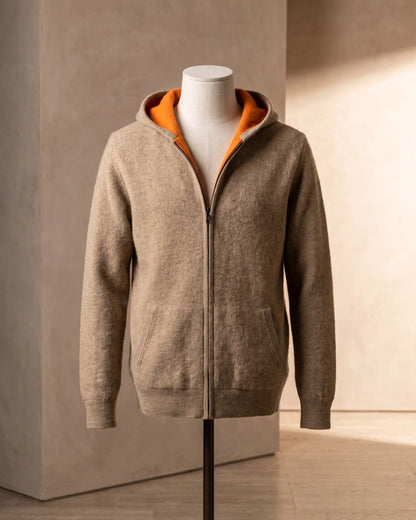 Men's Zip-Front Knit Hoodie with Ribbed Trim in Camel – additional view | Hensley London