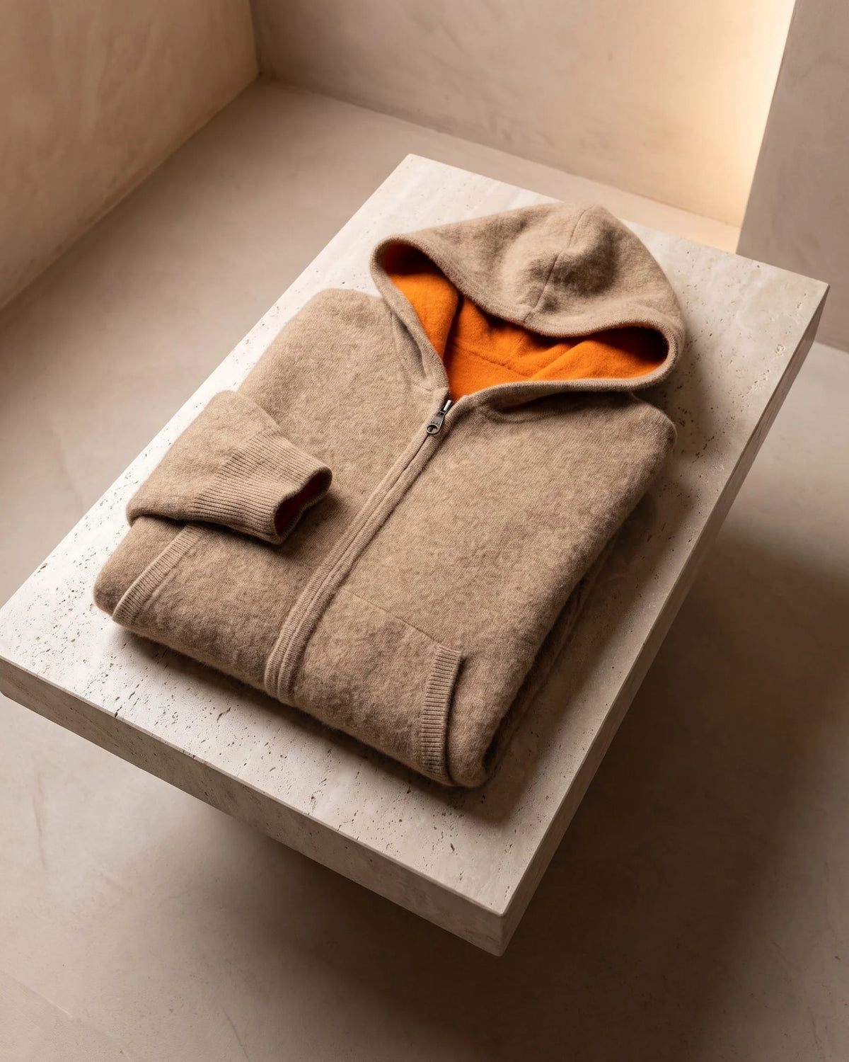 Men's Zip-Front Knit Hoodie with Ribbed Trim in Camel – additional view | Hensley London