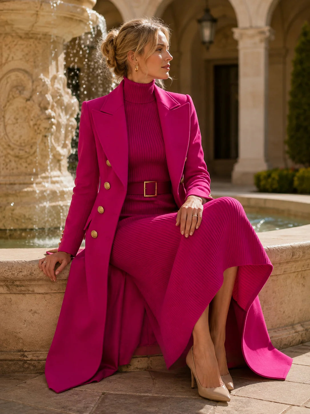 Women's Maxi Coat and Belted Knit Midi Dress Set – product view 5