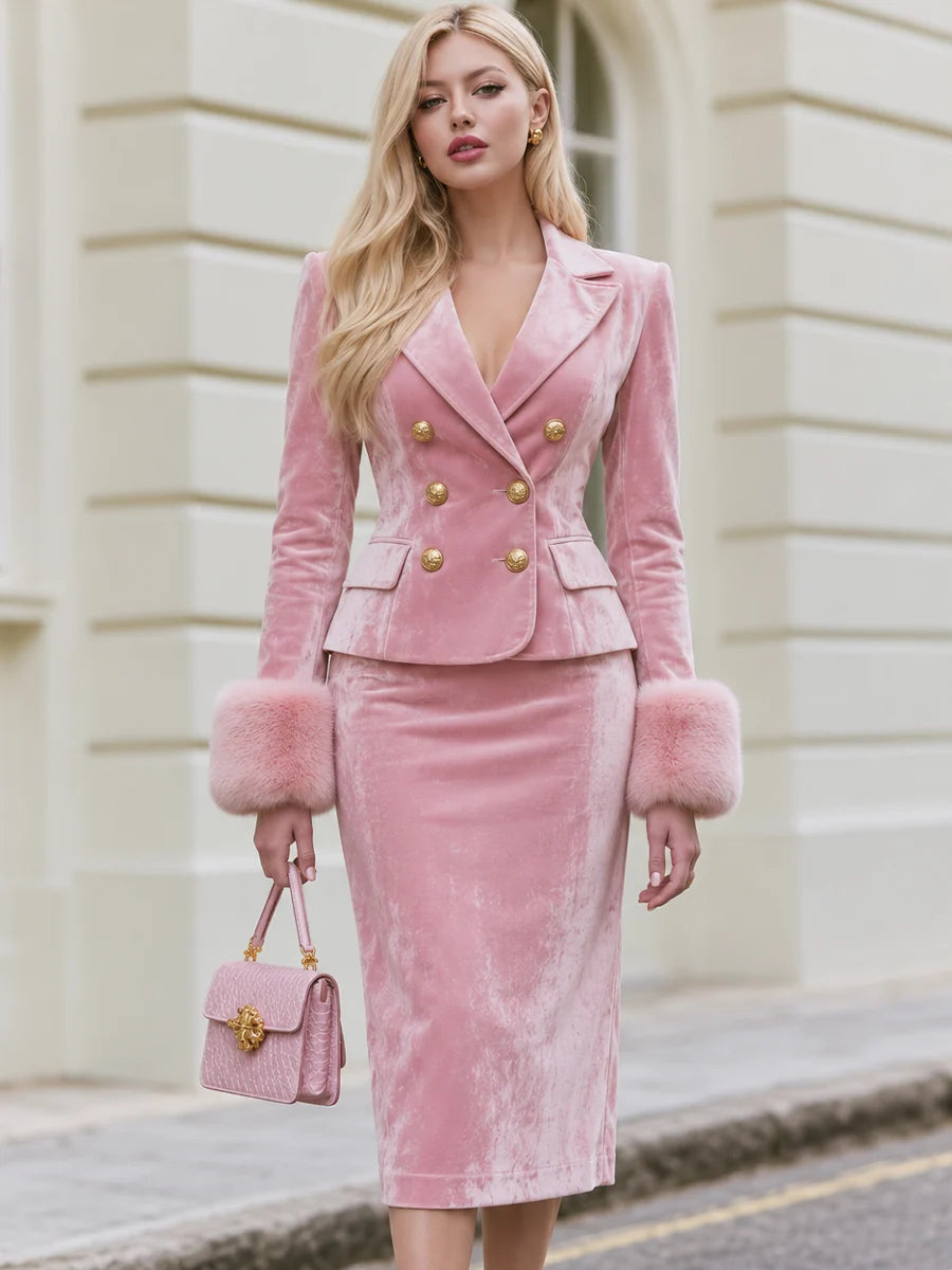 Women's Plush-Cuff Velvet-Look Blazer and Skirt Set in Pink – product view | Hensley London