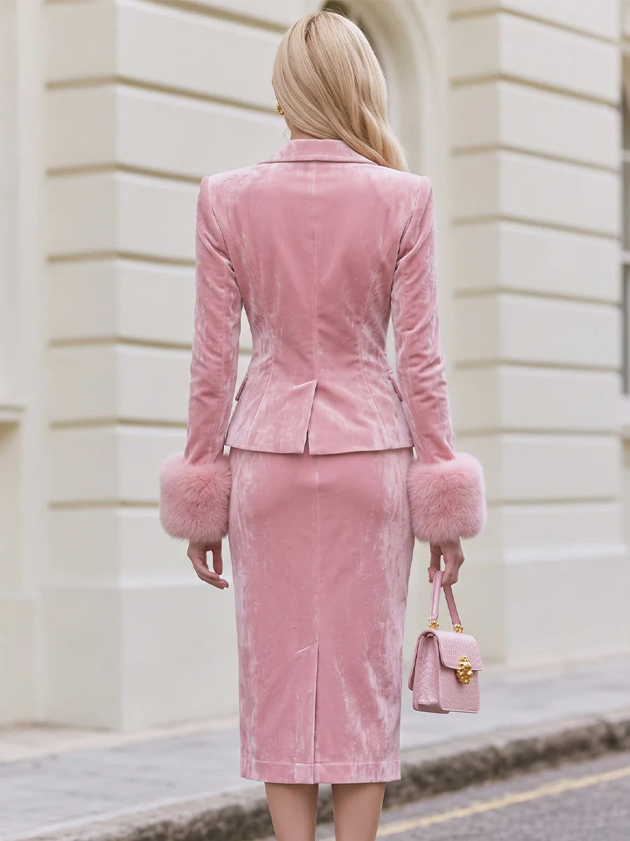 Women's Plush-Cuff Velvet-Look Blazer and Skirt Set in Pink – product view | Hensley London