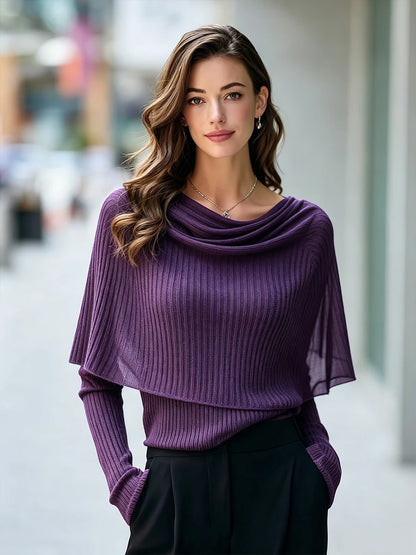 Women's Cowl-Neck Capelet Ribbed Sweater in Purple – Product view | Hensley London