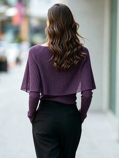 Women's Cowl-Neck Capelet Ribbed Sweater in Purple – Product view | Hensley London
