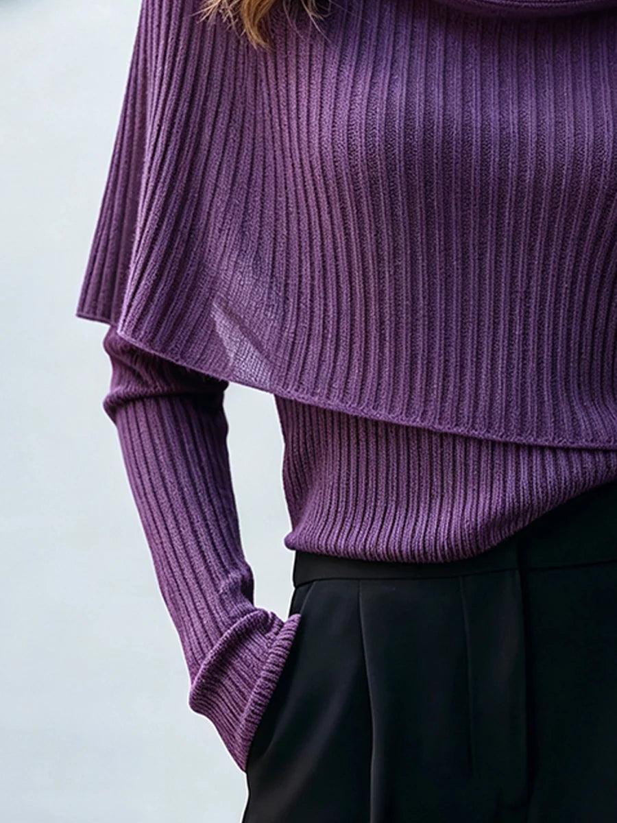 Women's Cowl-Neck Capelet Ribbed Sweater in Purple – Product view | Hensley London