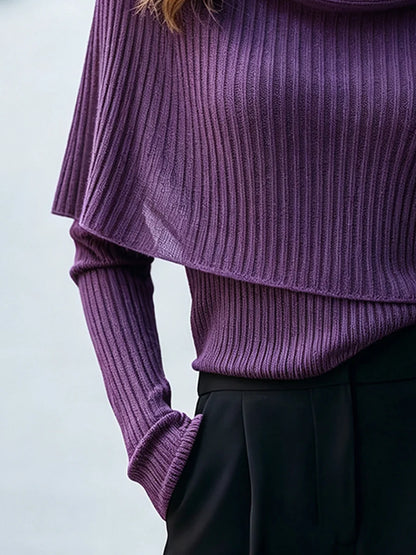 Women's Cowl-Neck Capelet Ribbed Sweater in Purple – Product view | Hensley London