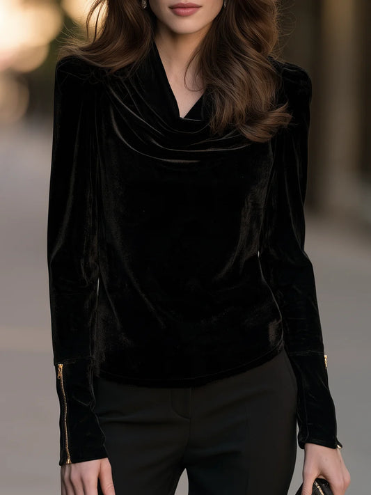 Women's Velvet Cowl-Neck Top with Zip Cuffs – product view 1