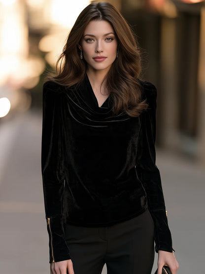 Women's Velvet Cowl-Neck Top with Zip Cuffs – product view 2