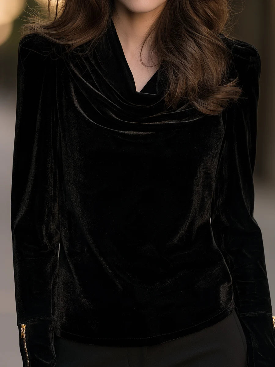 Women's Velvet Cowl-Neck Top with Zip Cuffs – product view 3