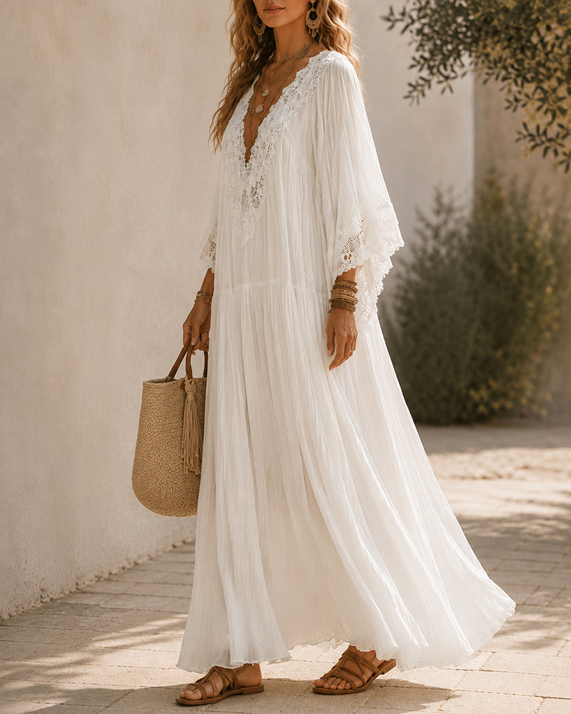 Women's Lace Trim Chiffon Maxi Dress in White – Side view | Hensley London
